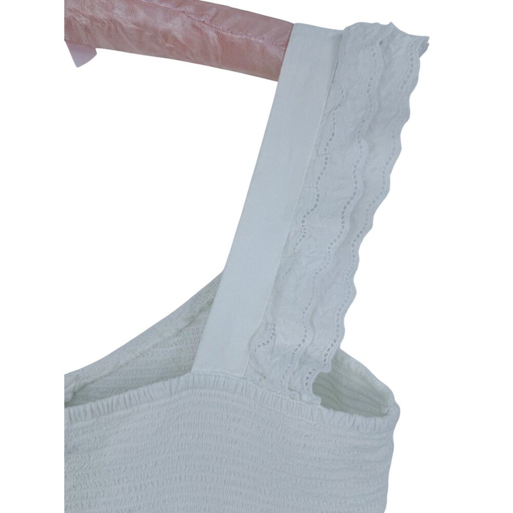 Old Navy White Ruffled Smocked Cottagcore Croquette Sleeveless Cotton Blend Top - Picture 7 of 13